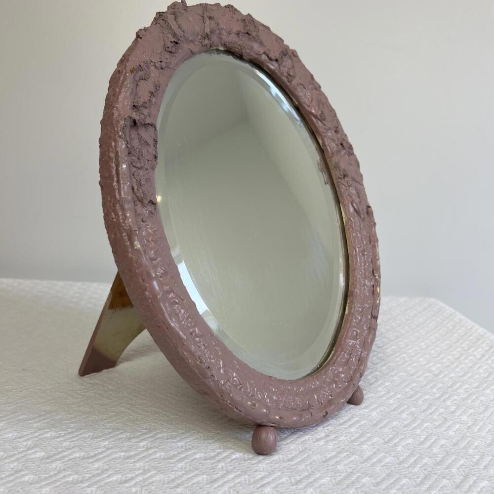 Vintage Antique Oval Mirror With Handmade Embellished Frame Mod Deco Pink Blush